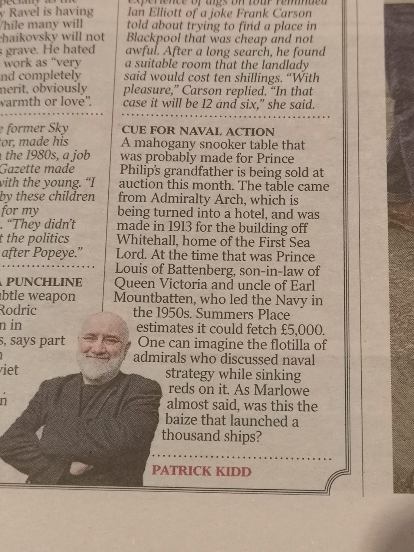 Cue for Naval Action - An historic full size Snooker table is mentioned in The Times by Patrick Kidd – 4 March 2022