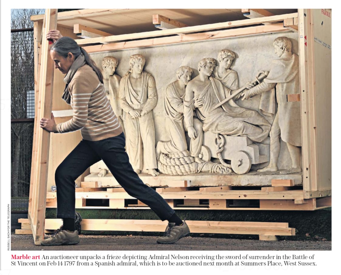 Kate Diment unpacks a marble frieze depicting Admiral Nelson receiving the sword of surrender in the battle of St Vincent on February 14th 1797, from a Spanish admiral