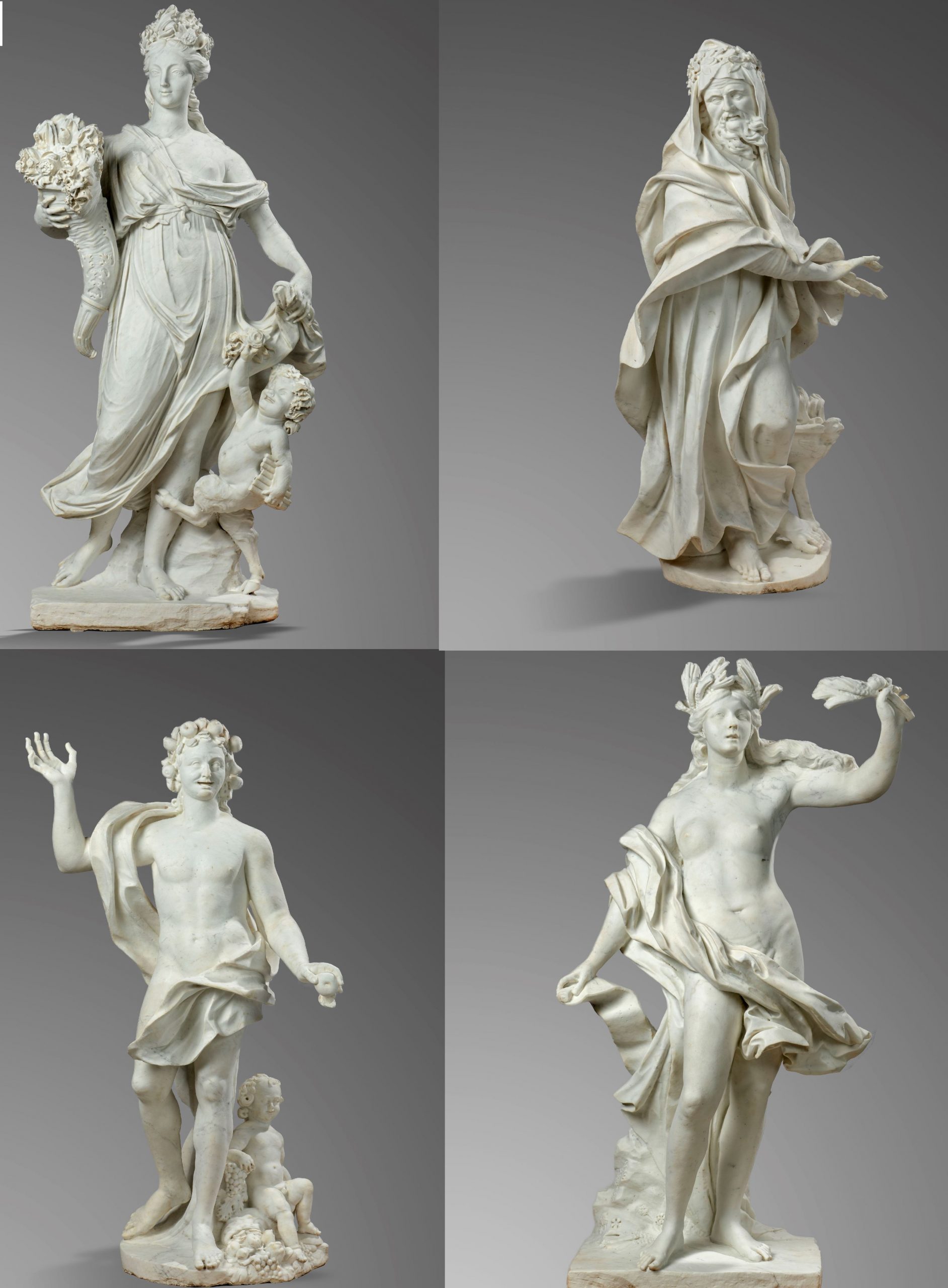 An extremely rare set of four carved marble figures representing the seasons