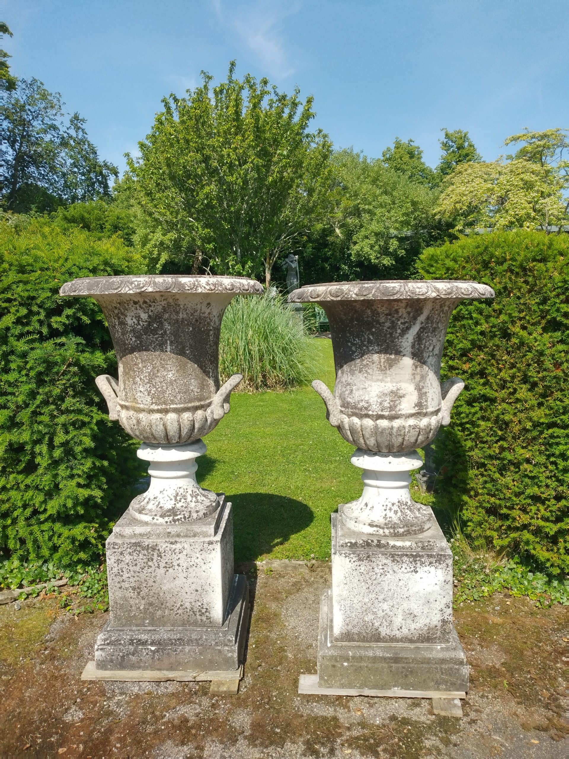 A pair of carved white marble urns on pedestals
