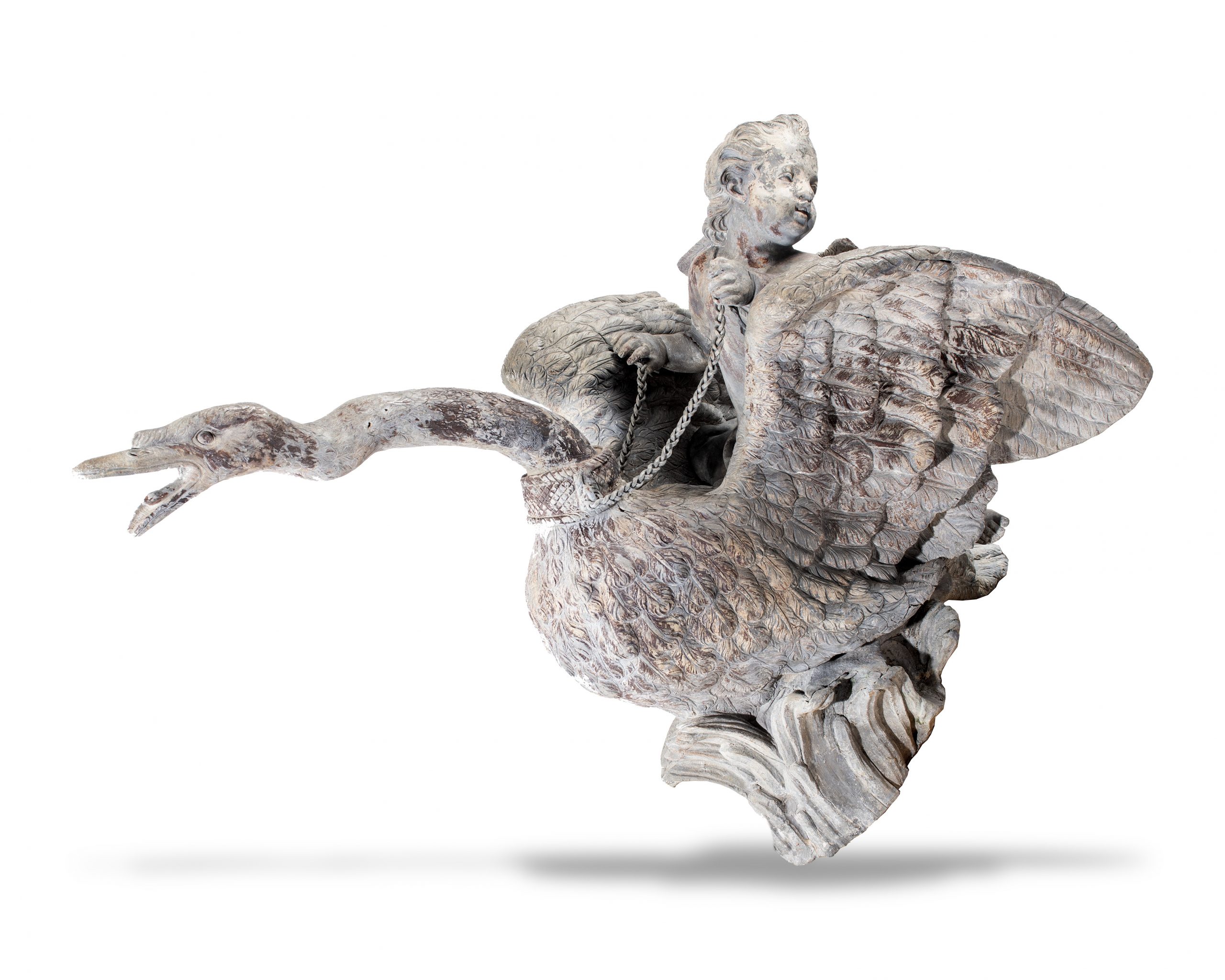 A rare cast lead figure of a cupid and swan by John van Nost the Elder