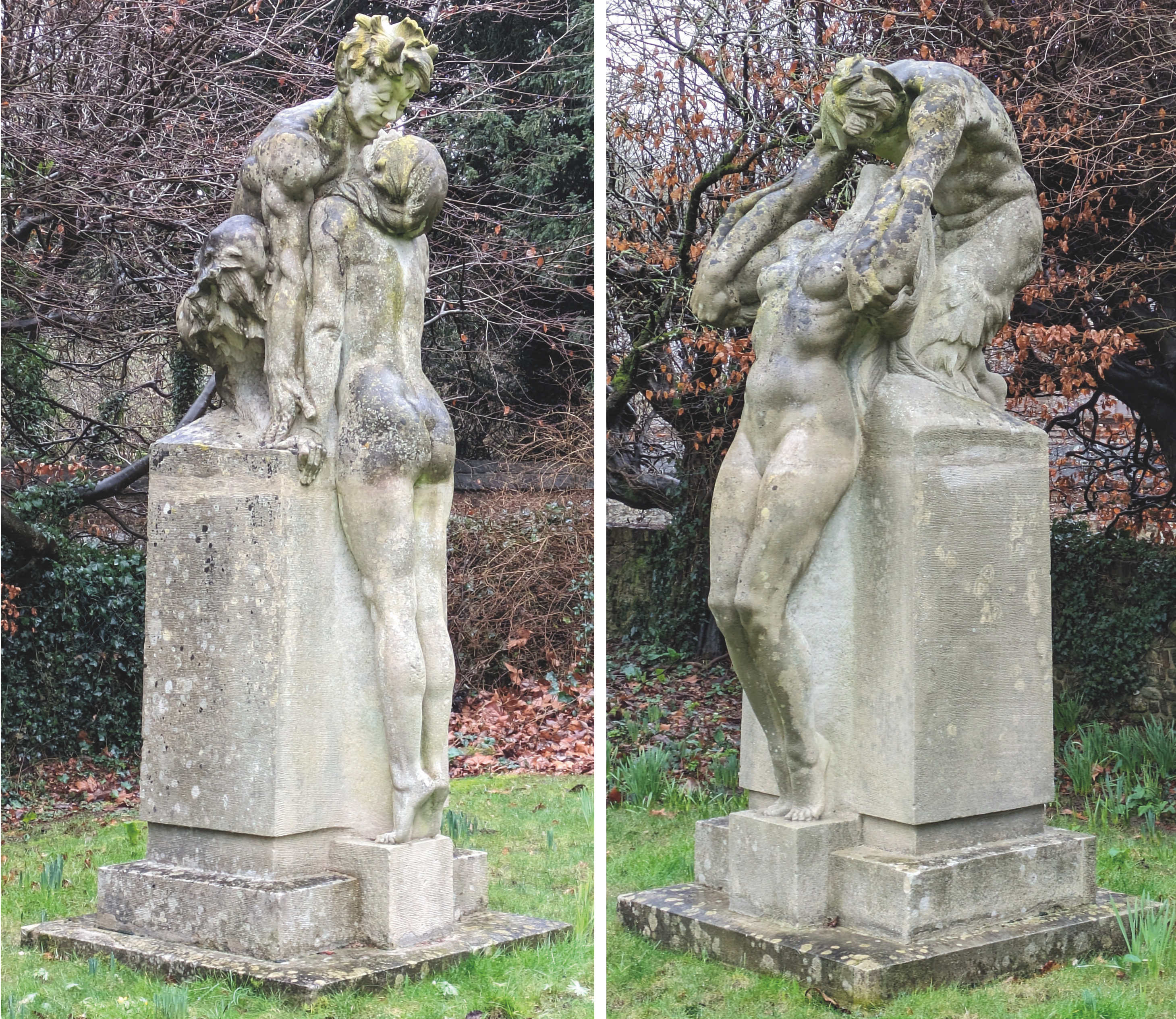 Charles Sargeant Jagger (1885-1934) A pair of rare Portland stone groups of a nymph and satyr