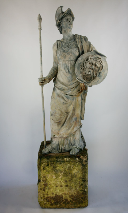 A lead figure of Minerva on stone plinth